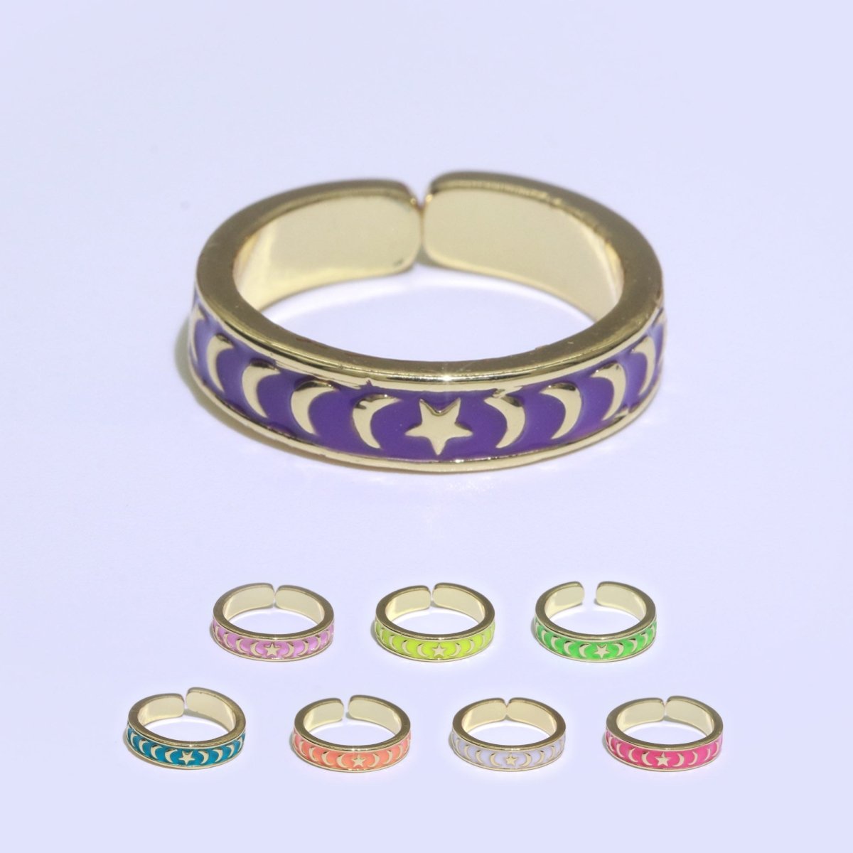 1x Dainty Colorful Enamel Ring Multicolor Enamel Band Moon Star Ring Stacking Open Adjustable Ring O-371 ~ O-378