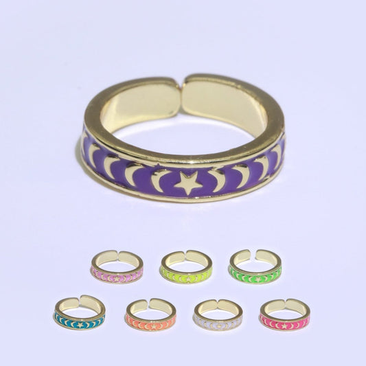 1x Dainty Colorful Enamel Ring Multicolor Enamel Band Moon Star Ring Stacking Open Adjustable Ring O-371 ~ O-378