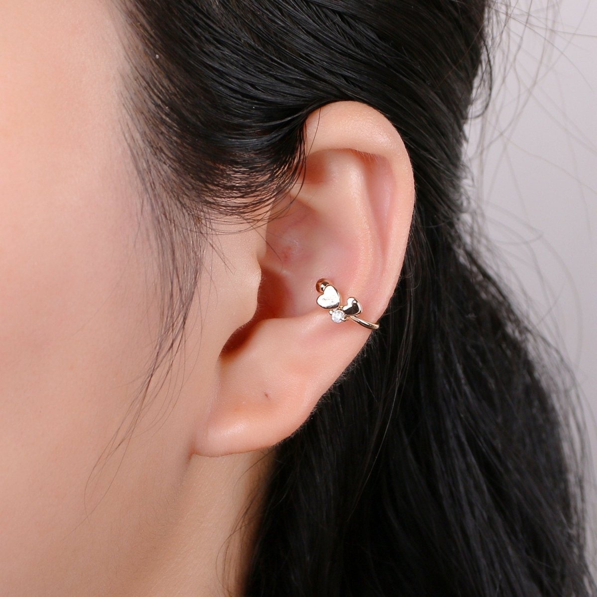 18K Gold Filled Double Mini Heart CZ Ear Cuff Earrings | AI093