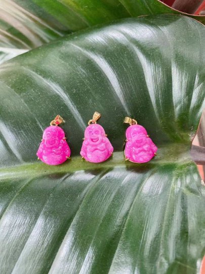 1x Dainty Pink Laughing Buddha, Gemstone Buddhism Deity Religious Bracelet Charm Bead Finding Pendant For Jewelry Making AH-302