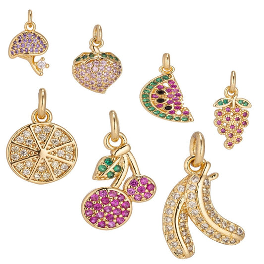 1x Dainty Tiny 18k Gold Filled Fruits Charm CZ micro Pave Necklace Pendant Earring Bracelet Strawberry Watermelon Banana Orange Cherry GrapeC-134~C-139 C-141