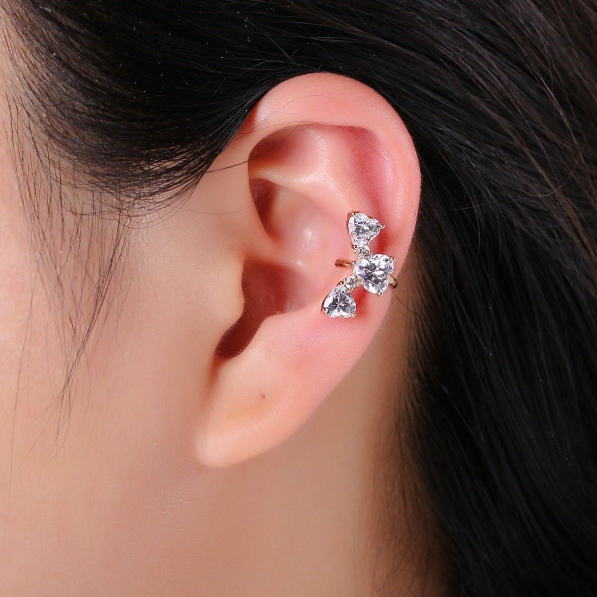 18K Gold Filled Triple Heart CZ Ear Cuff Earrings | AI142