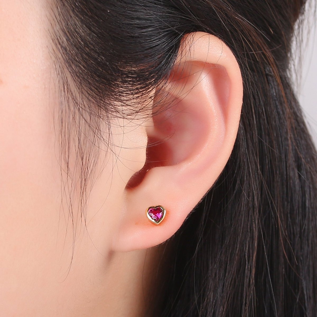 1x Tiny Heart CZ Plain Bezel Set Earrings, 14K gold earring, tiny studs, minimal earring, gold cz stud earring Q-432