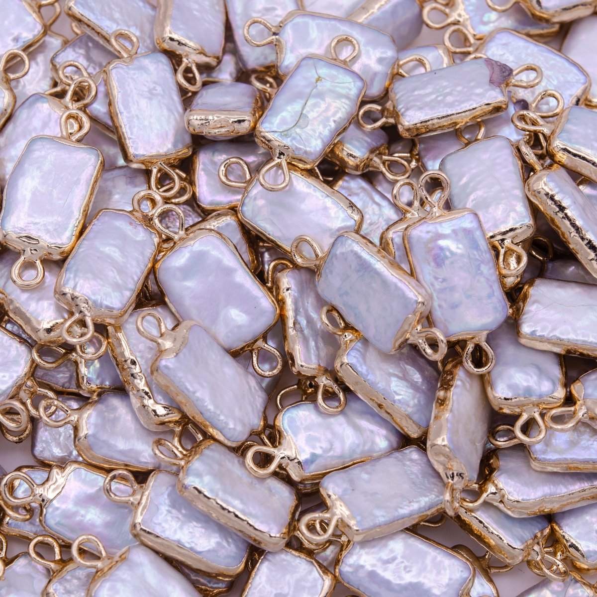 20mm Rectangular Gold Coated White Freshwater Pearl Connector | P-1849