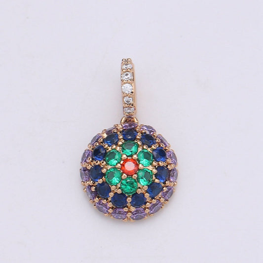 20x11mm Wholesale 18K Gold-Filled Round Pendant with Multicolored Rhinestones, Pendant for Necklace Bracelet Anklet Making J-170