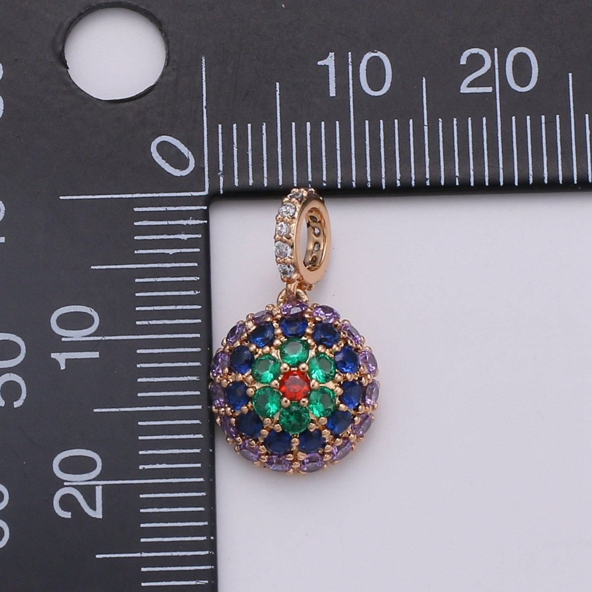 20x11mm Wholesale 18K Gold-Filled Round Pendant with Multicolored Rhinestones, Pendant for Necklace Bracelet Anklet Making J-170