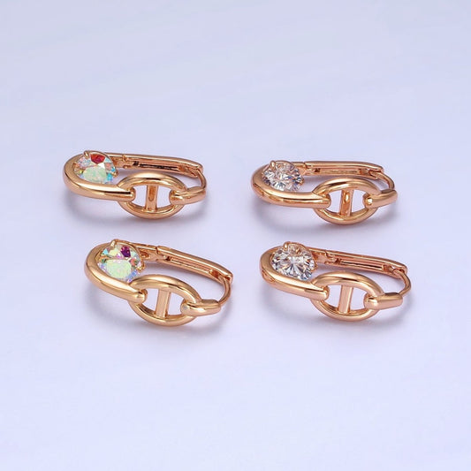 21mm Anchor Chain Link Clear CZ, Iridescent AB Round Oblong Earrings | AB251 AB252