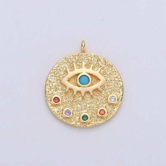 22mm Evil Eye Circle Disc Charm - 14k gold Filled protection eye of Ra round pendant Cubic Eye Charm for Necklace Component C-860