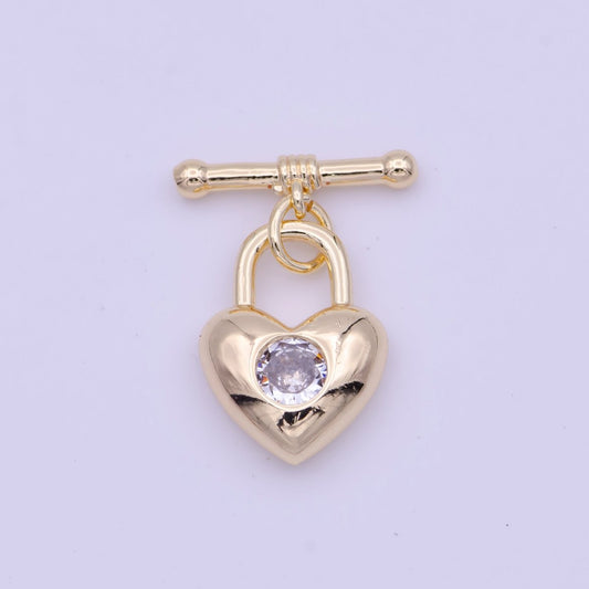 22mm Gold Heart Lock Toggle Clasps Clear, Blue, Red Cubic Zirconia Jewelry Closure | K-096 K-109 K-112