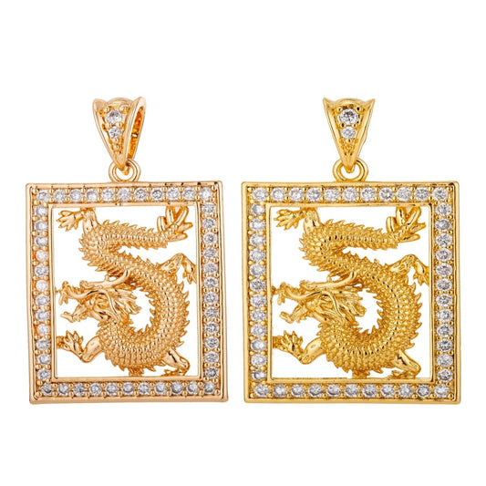 24K 18K Gold Filled or Rose Gold Majestic Dragon Charm Pendant with Bails Magical Creature Fairy Tale Cubic Zirconia Necklace for Jewelry Making H-802