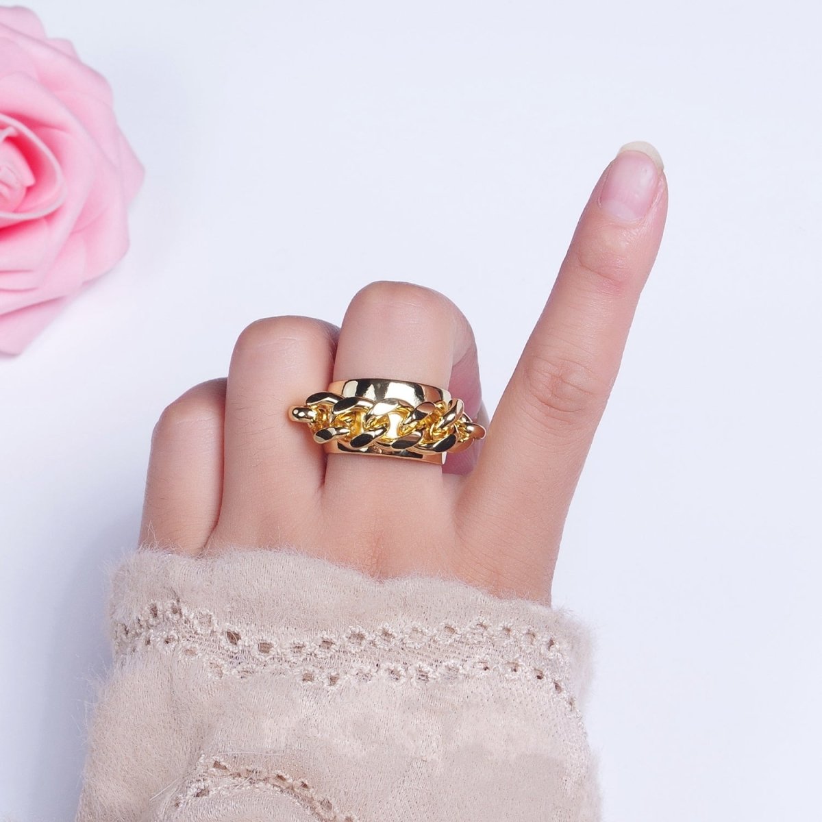 24K Gold Curb Chain Link Open Adjustable Wide Band Ring | O-1998