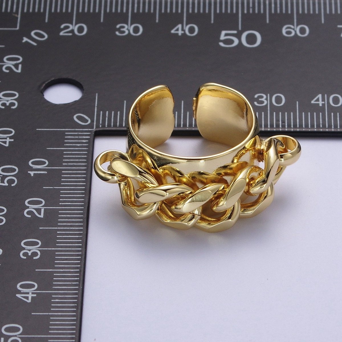 24K Gold Curb Chain Link Open Adjustable Wide Band Ring | O-1998