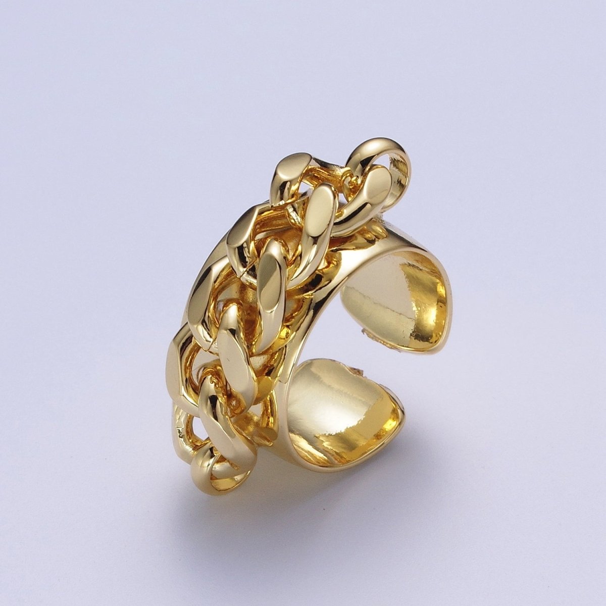 24K Gold Curb Chain Link Open Adjustable Wide Band Ring | O-1998