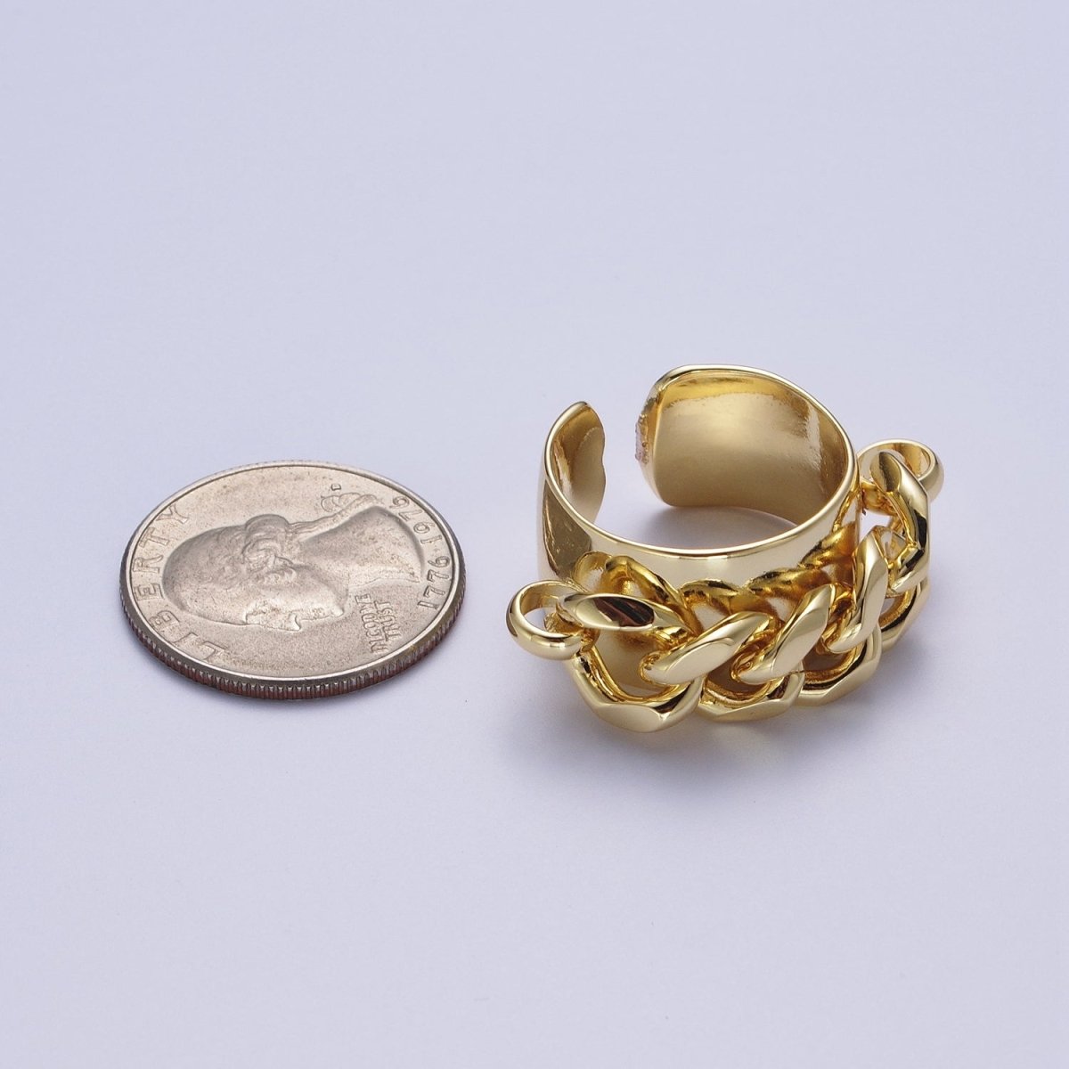 24K Gold Curb Chain Link Open Adjustable Wide Band Ring | O-1998
