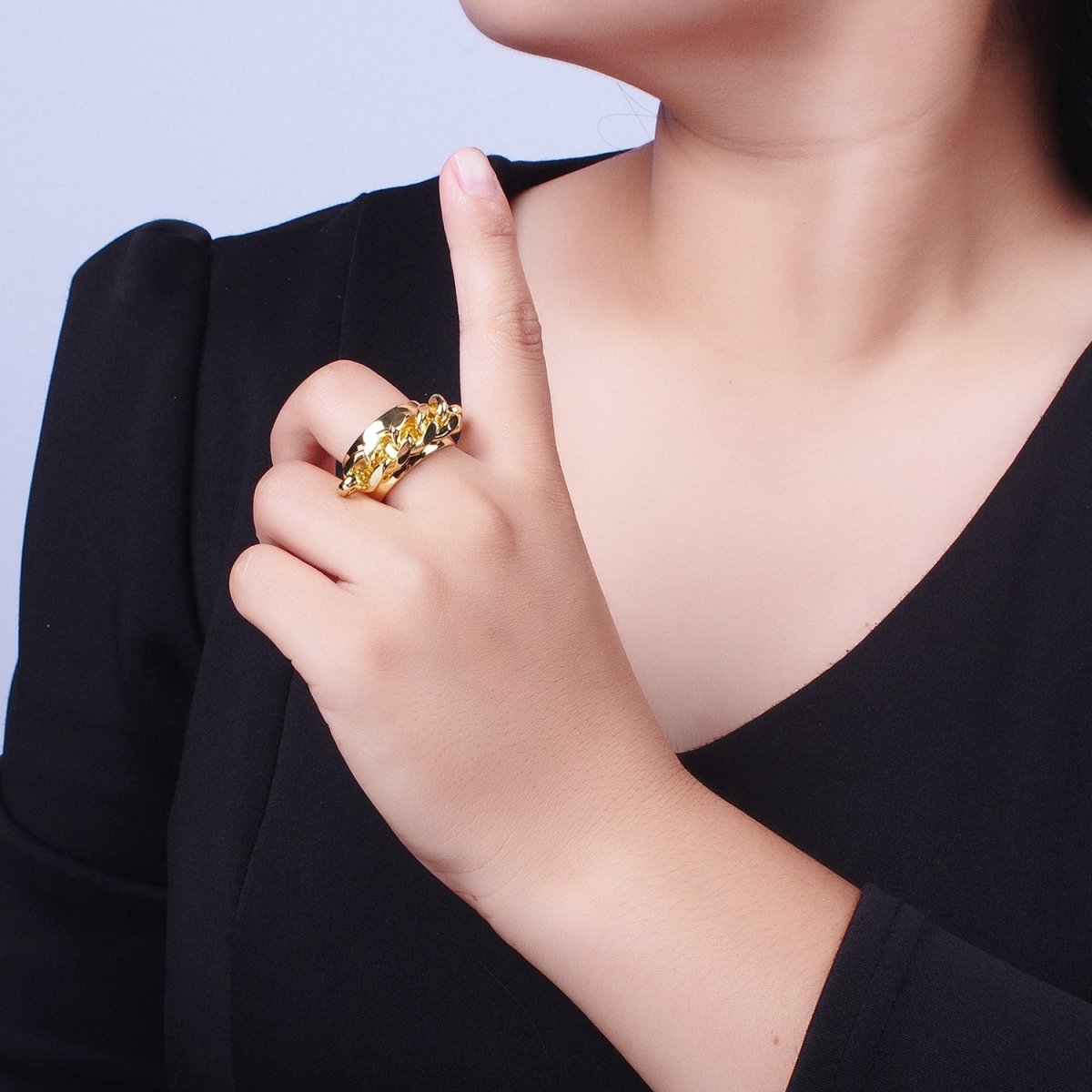 24K Gold Curb Chain Link Open Adjustable Wide Band Ring | O-1998