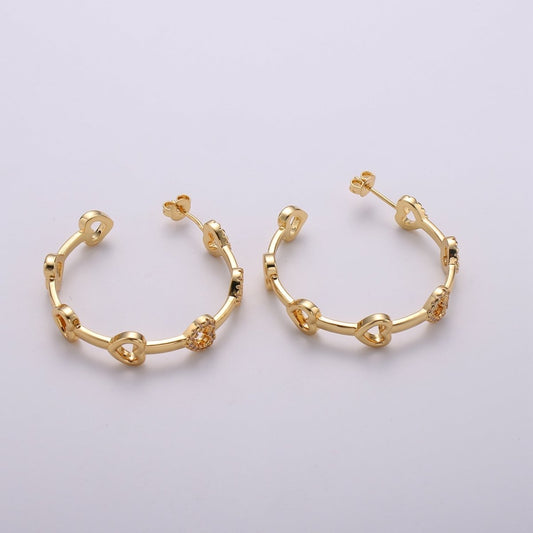 24k Gold Earrings, Hoop Earrings, Heart Hoop, CZ Circle Earring, Gift for Her, Earrings for Women, Everyday Wear Earring Q-535