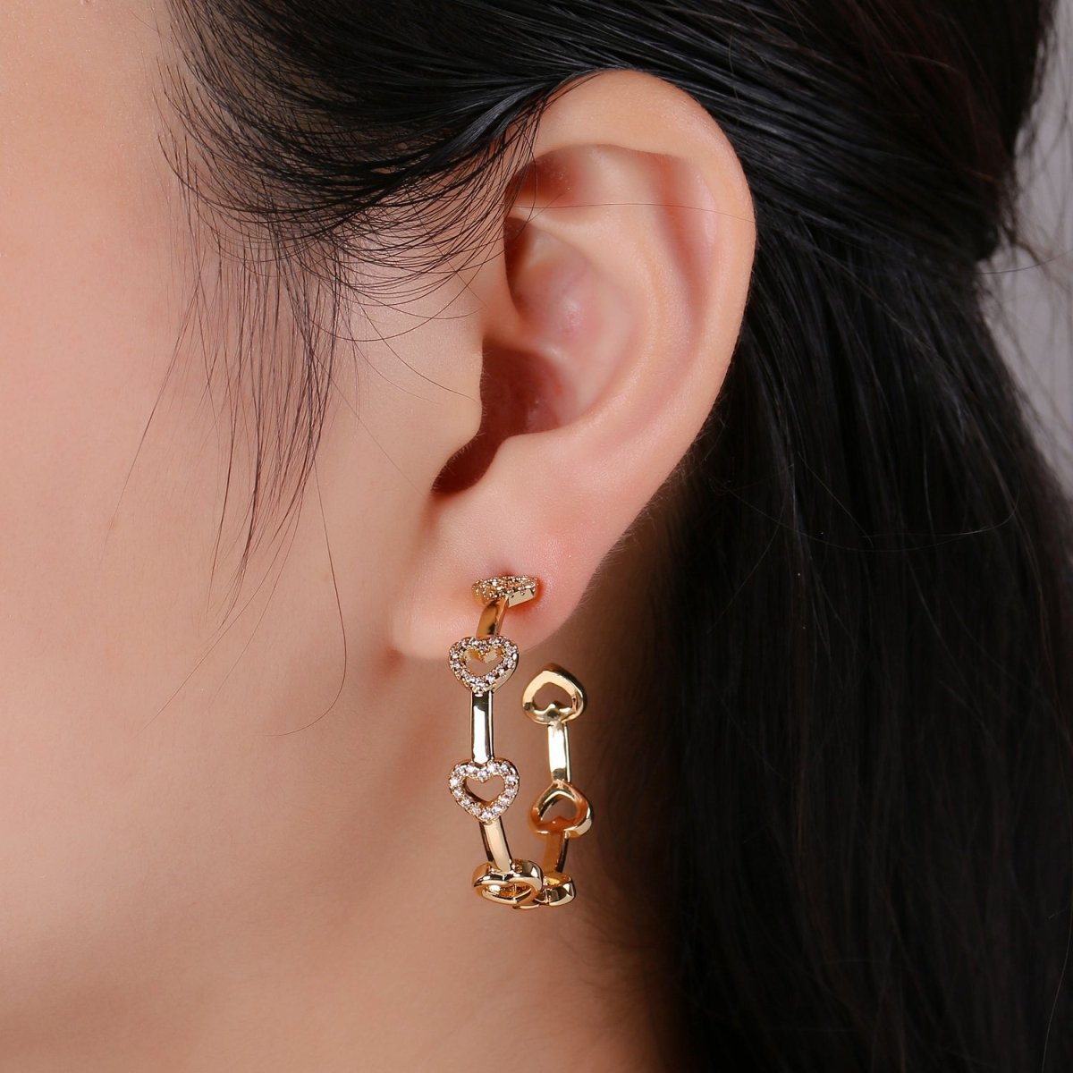 24k Gold Earrings, Hoop Earrings, Heart Hoop, CZ Circle Earring, Gift for Her, Earrings for Women, Everyday Wear Earring Q-535
