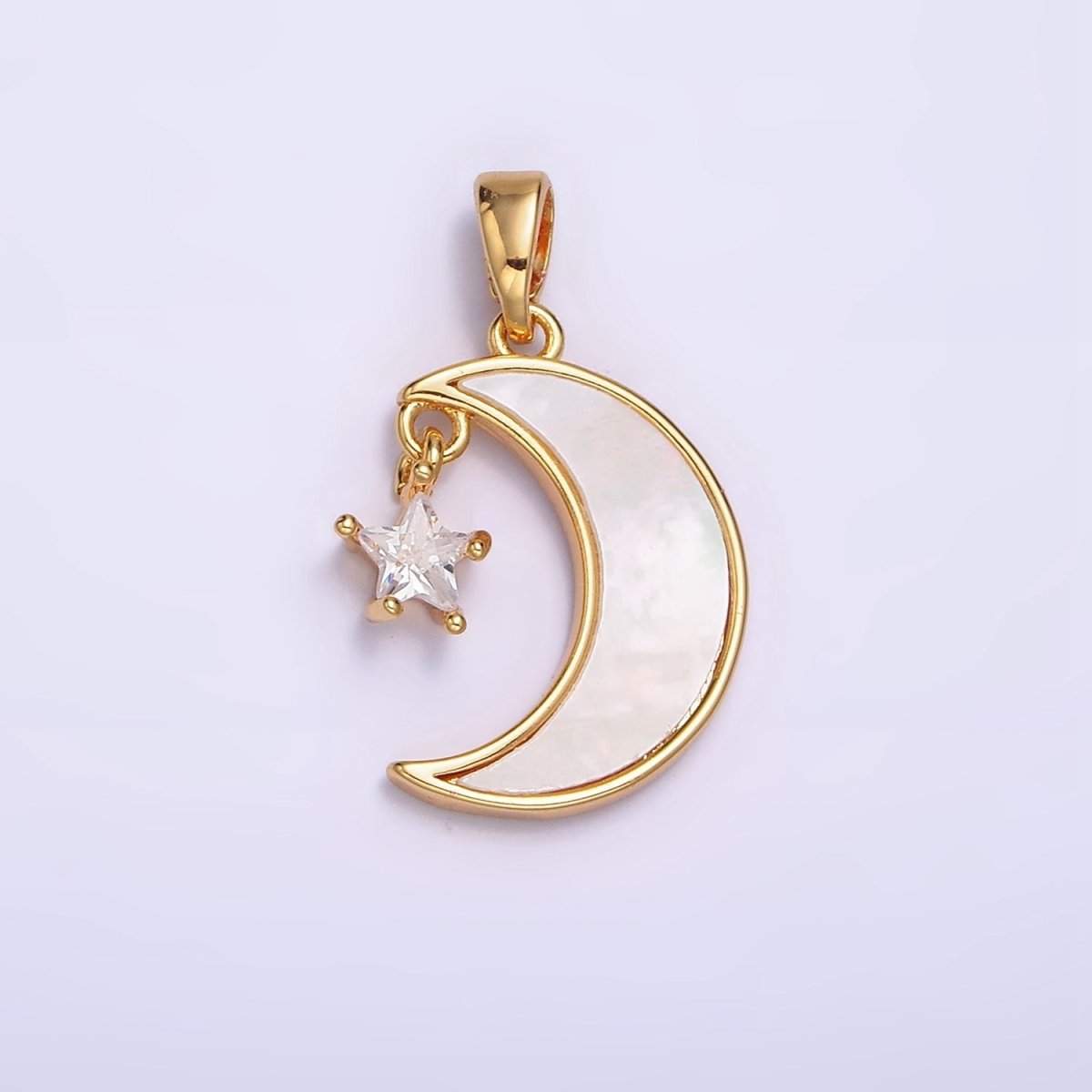 24K Gold Filed Celestial Crescent Moon Shell Pearl Star CZ Pendant | AA587