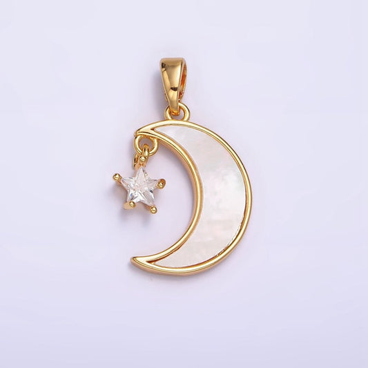 24K Gold Filed Celestial Crescent Moon Shell Pearl Star CZ Pendant | AA587