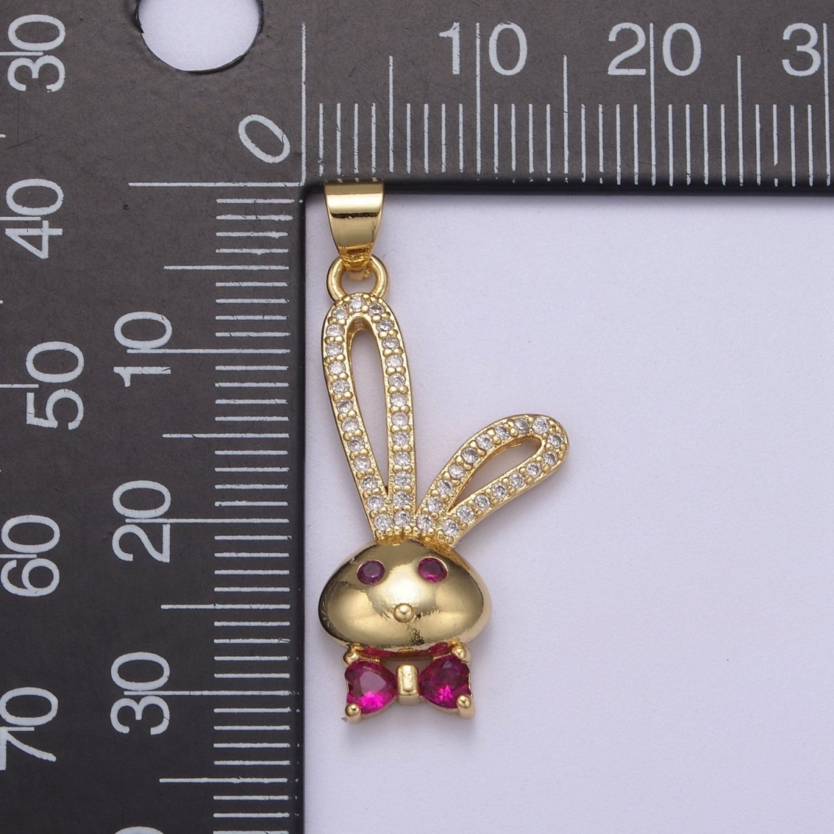 24k Gold Filed CZ Pink Micro Pave Cute Rabbit Pink Bunny with Bowtie Charm Pendant Cubic Zirconia  H-597