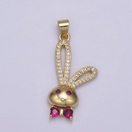 24k Gold Filed CZ Pink Micro Pave Cute Rabbit Pink Bunny with Bowtie Charm Pendant Cubic Zirconia  H-597