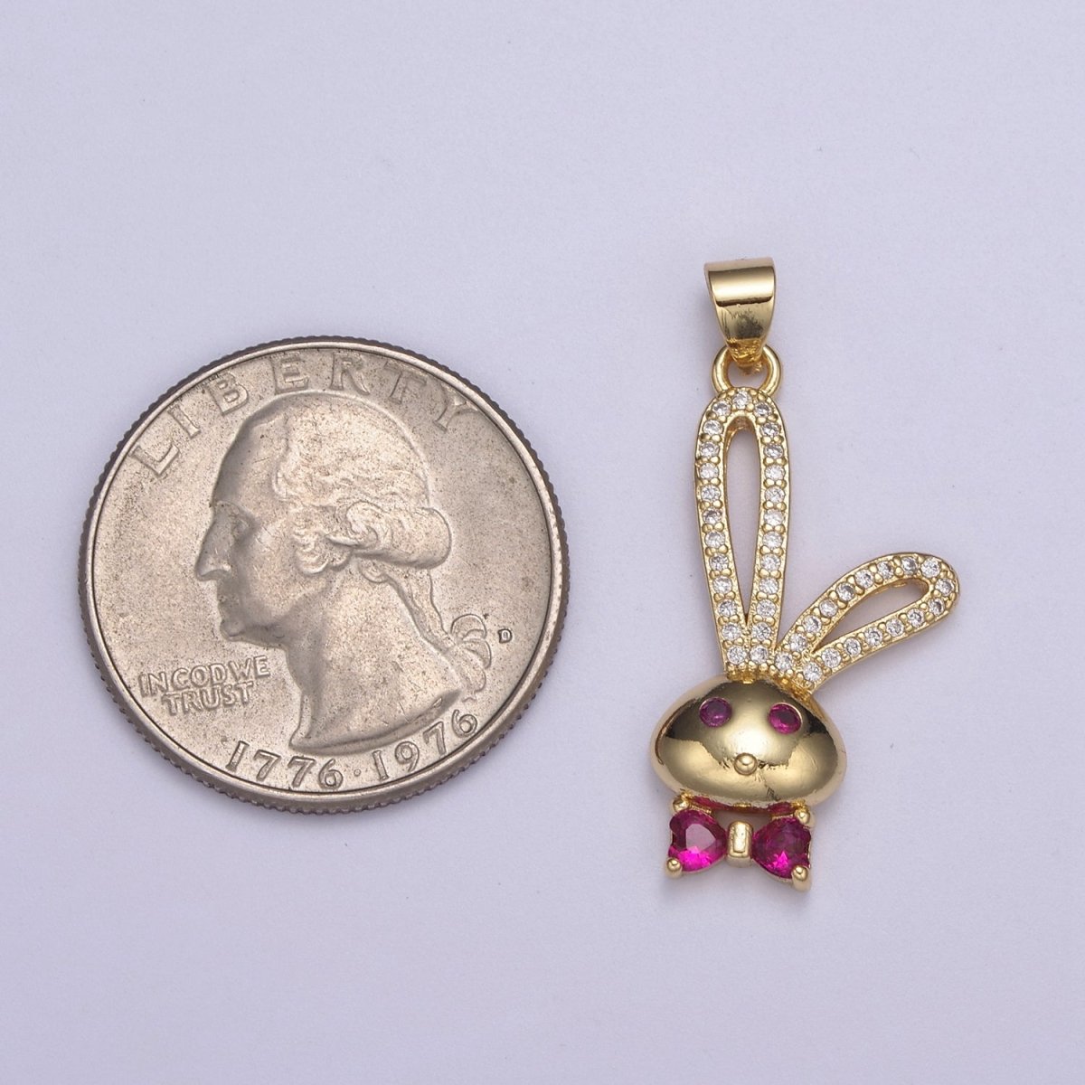 24k Gold Filed CZ Pink Micro Pave Cute Rabbit Pink Bunny with Bowtie Charm Pendant Cubic Zirconia  H-597