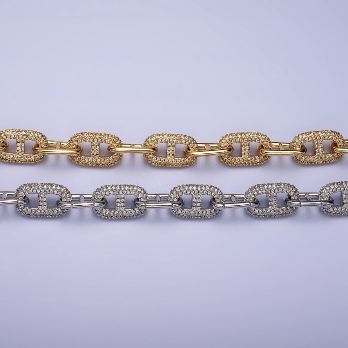 24K Gold Filled 10.7mm Half Micro Paved CZ Mariner 17 Inch Chain Necklace in Gold & Silver | WA-1613 WA-1614 Clearance Pricing
