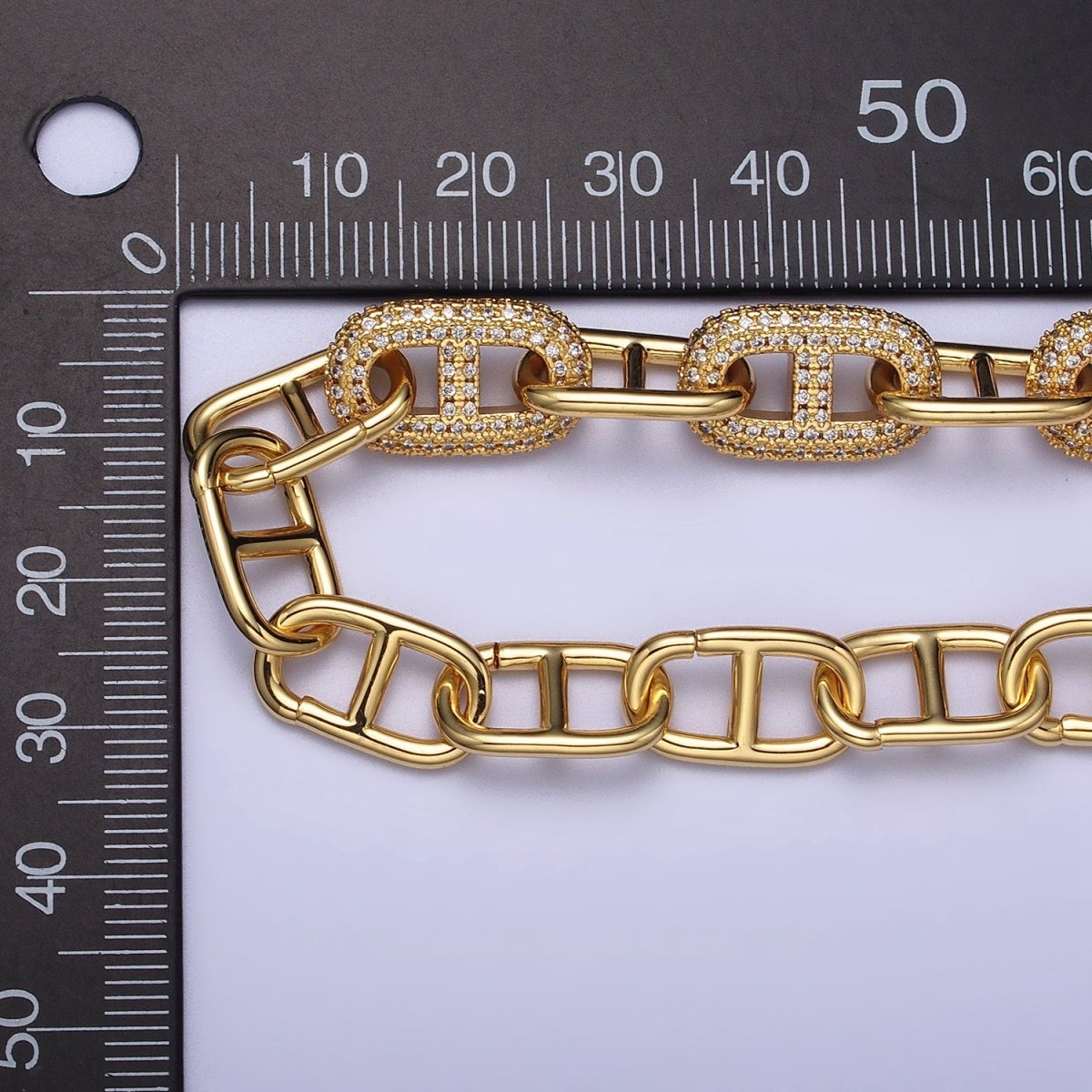 24K Gold Filled 10.7mm Half Micro Paved CZ Mariner 17 Inch Chain Necklace in Gold & Silver | WA-1613 WA-1614 Clearance Pricing