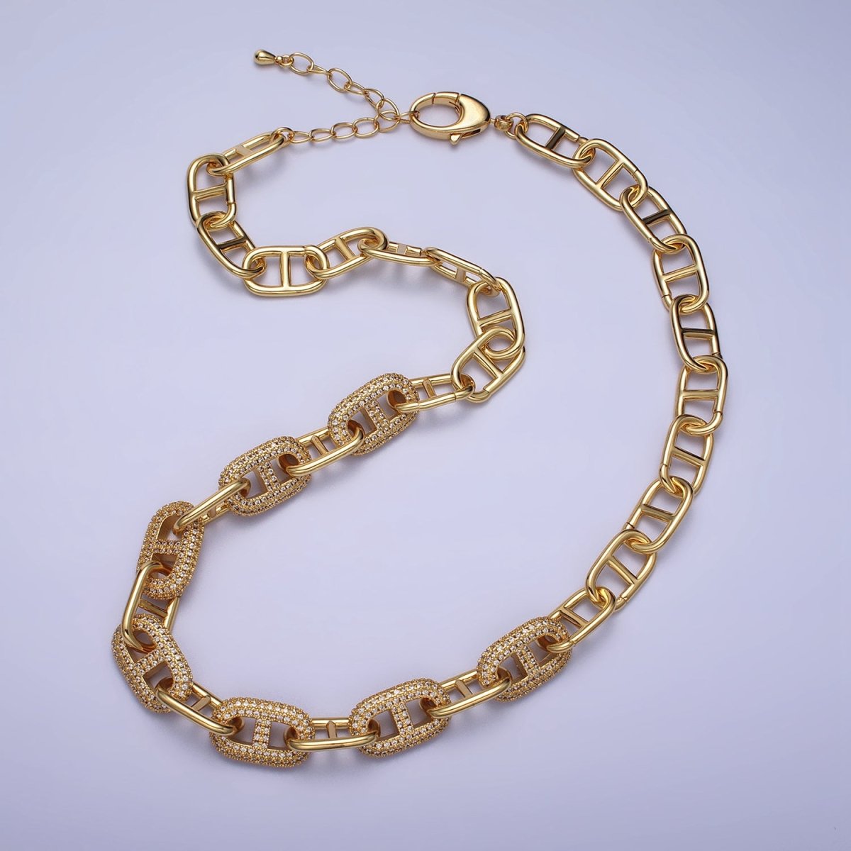 24K Gold Filled 10.7mm Half Micro Paved CZ Mariner 17 Inch Chain Necklace in Gold & Silver | WA-1613 WA-1614 Clearance Pricing