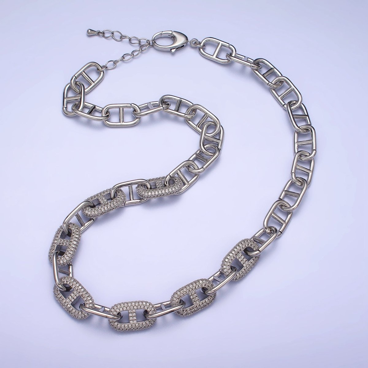 24K Gold Filled 10.7mm Half Micro Paved CZ Mariner 17 Inch Chain Necklace in Gold & Silver | WA-1613 WA-1614 Clearance Pricing