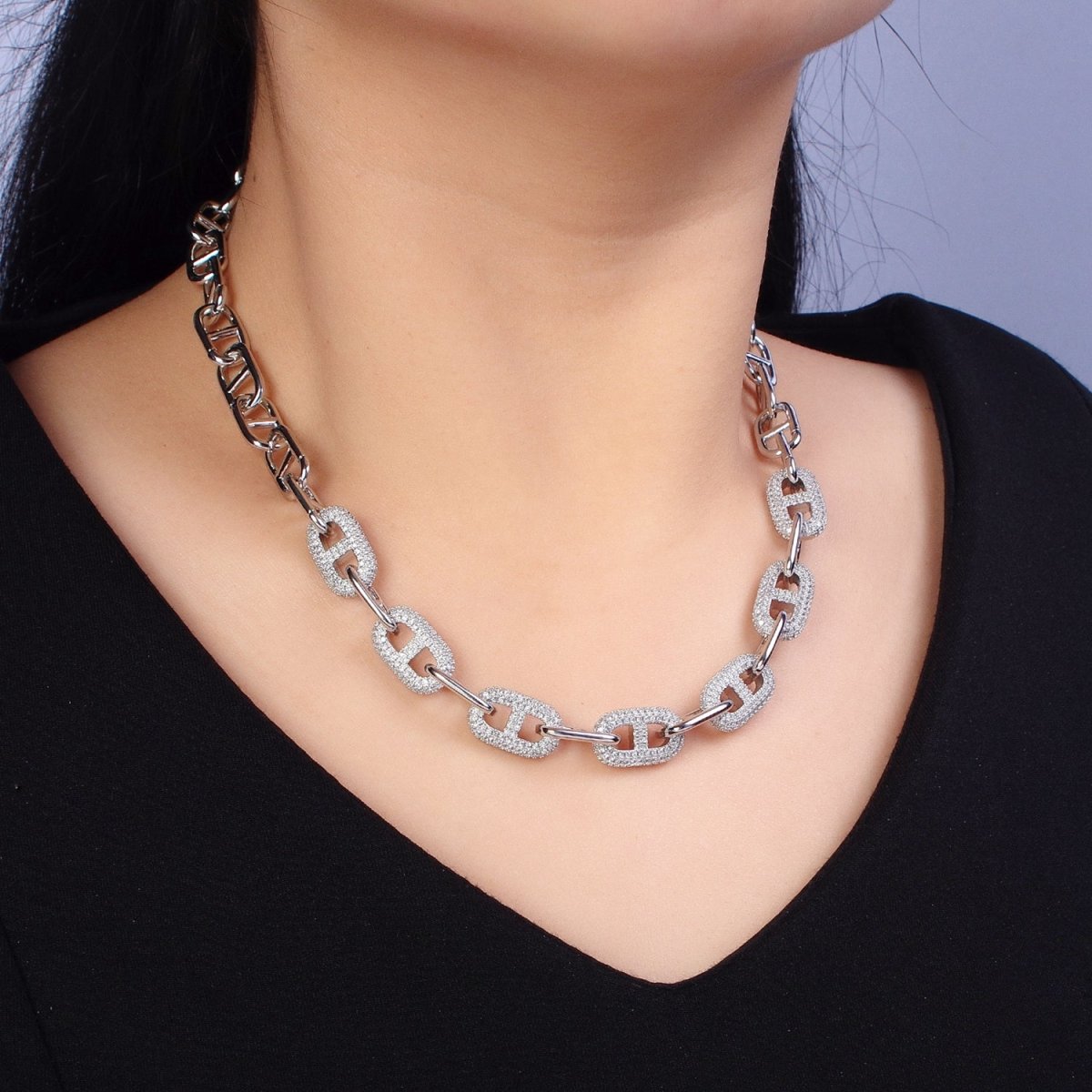 24K Gold Filled 10.7mm Half Micro Paved CZ Mariner 17 Inch Chain Necklace in Gold & Silver | WA-1613 WA-1614 Clearance Pricing