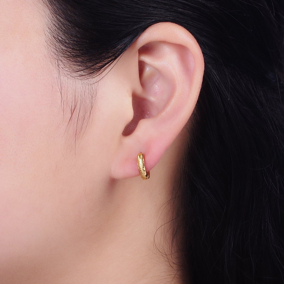 24K Gold Filled 11mm, 13mm, 14mm Edged Line Dented Huggie Hoop Earrings | AD1377 - AD1379
