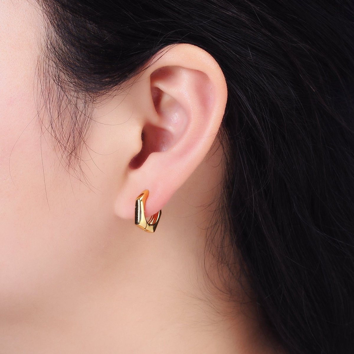 24K Gold Filled 13.5mm Rounded Hexagonal Huggie Earrings | AE810
