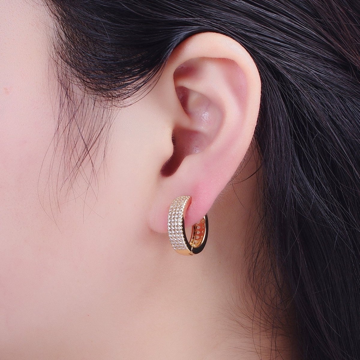 24K Gold Filled 18mm Micro Pave CZ Huggie Hoop Earrings T-031