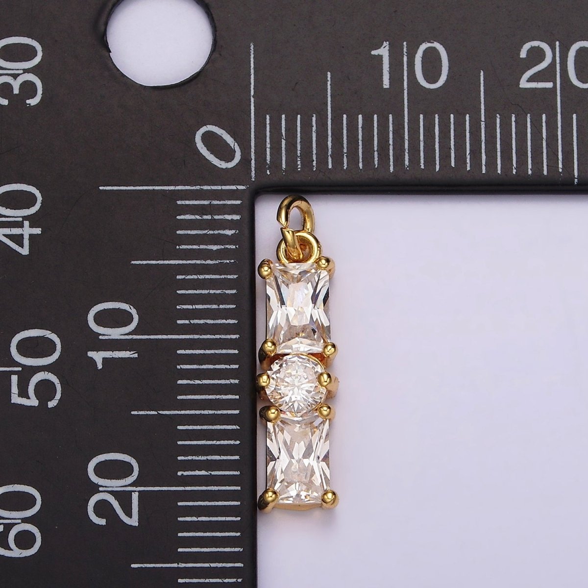 24K Gold Filled 20mm Clear Double Baguette Round CZ Linear Charm | AC882