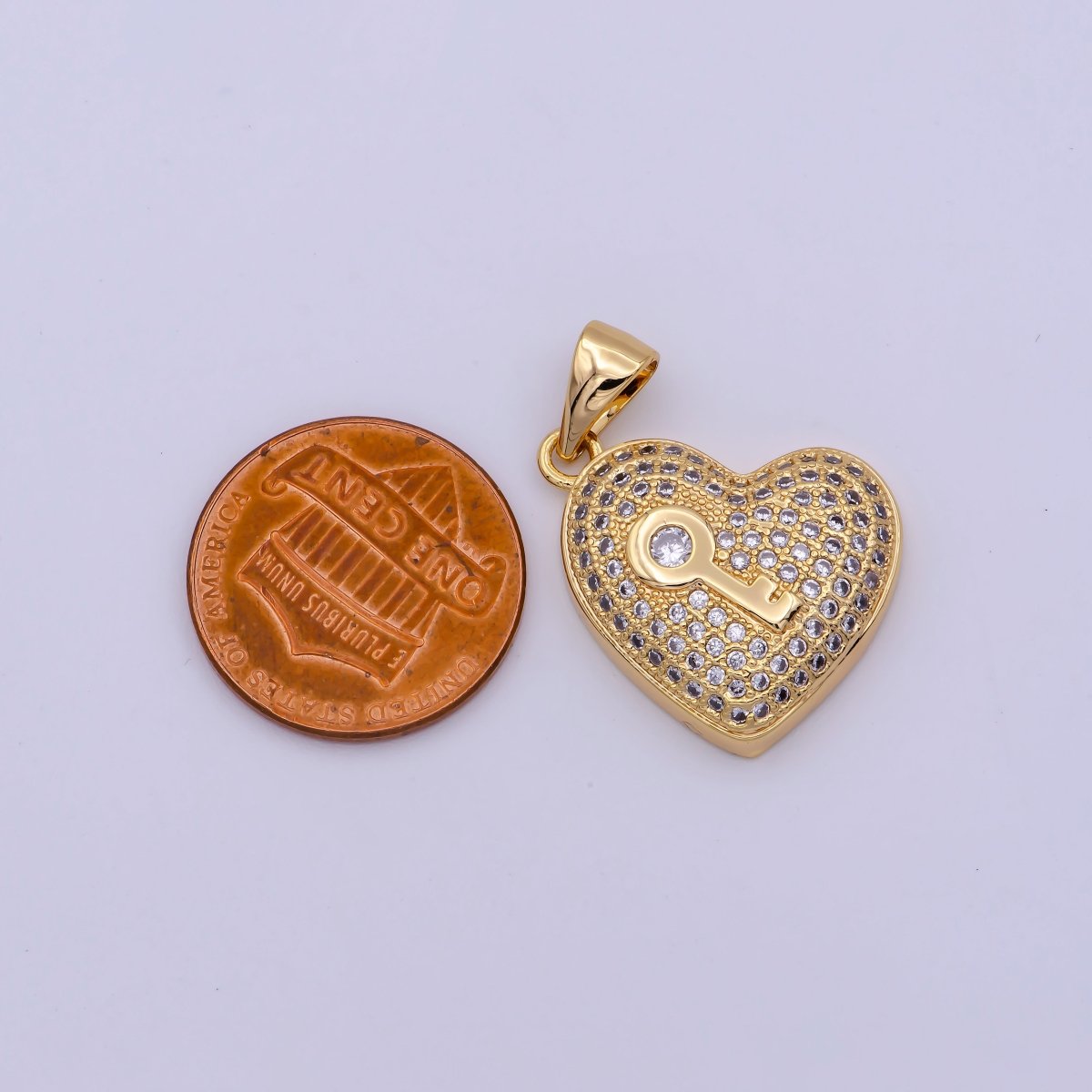 24K Gold Filled 25mm Key Micro Paved Clear CZ Heart Pendant | N-1429