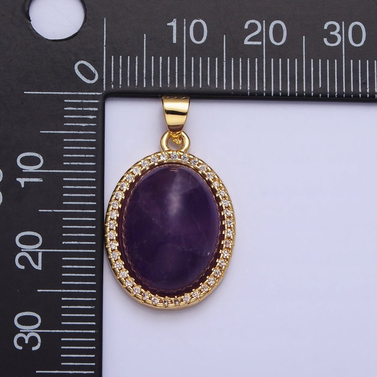 24K Gold Filled 27mm Purple Amethyst Natural Gemstone Oval Cabochon Micro Paved CZ Pendant | AA323