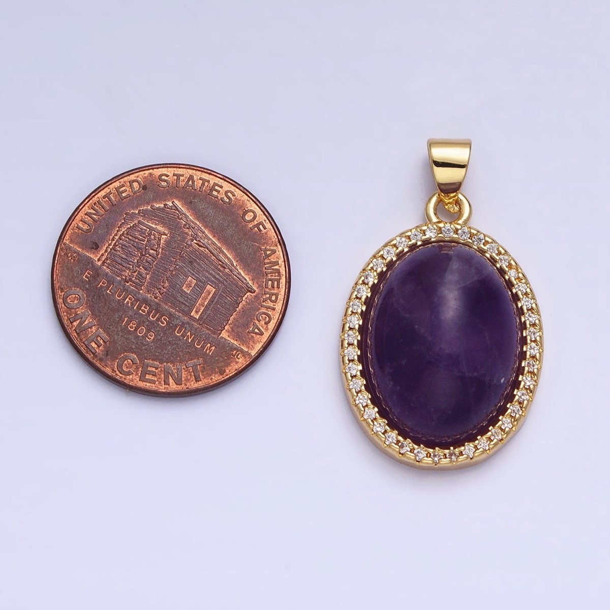 24K Gold Filled 29mm Purple Amethyst Natural Gemstone Cabochon Oval Micro Paved CZ Pendant | AA331