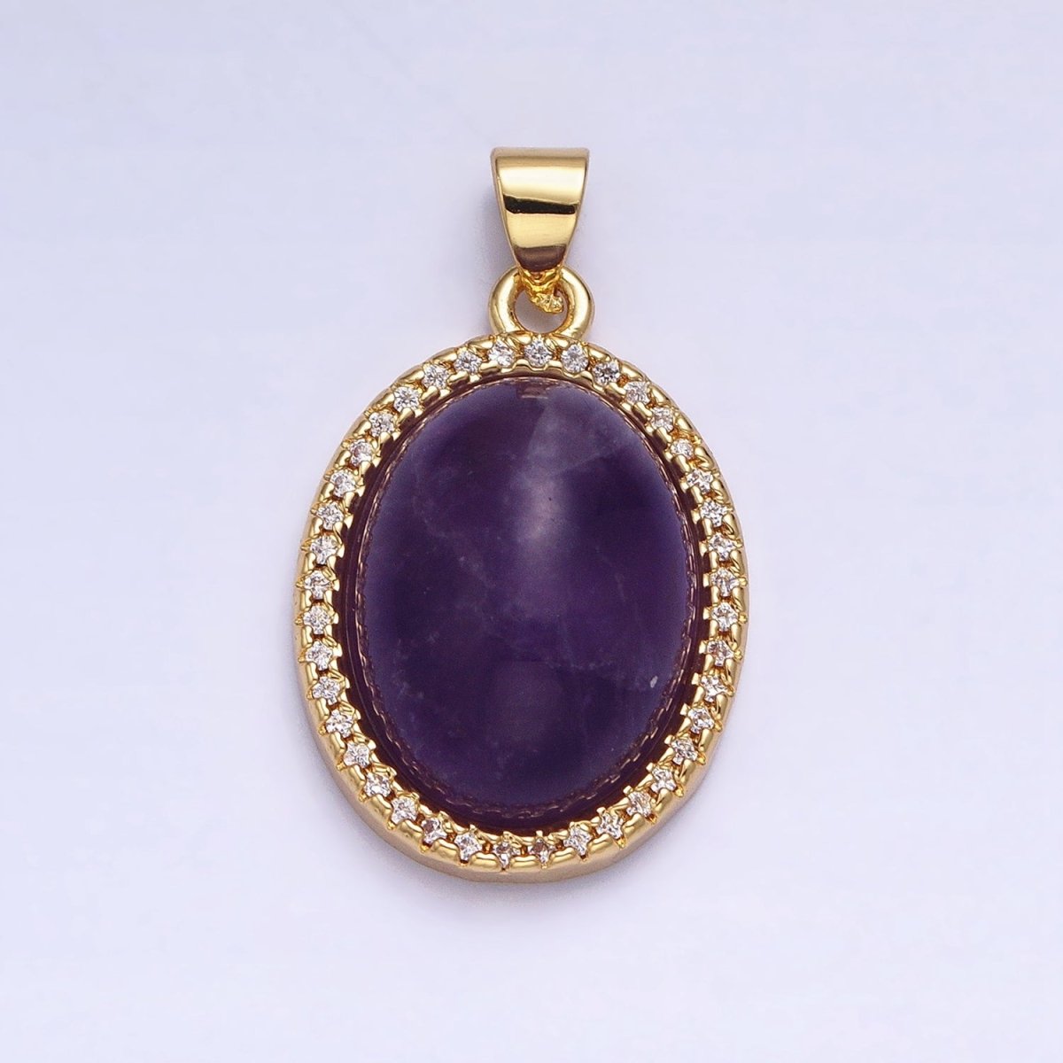 24K Gold Filled 29mm Purple Amethyst Natural Gemstone Cabochon Oval Micro Paved CZ Pendant | AA331