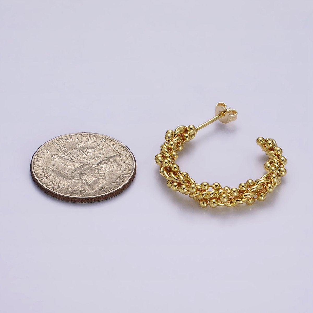 24K Gold Filled 30mm Beaded Bubble Croissant Twist C-Shaped Hoop Earrings | AE616