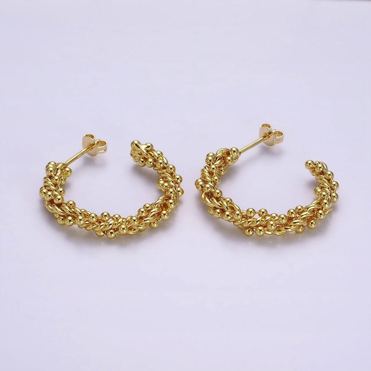 24K Gold Filled 30mm Beaded Bubble Croissant Twist C-Shaped Hoop Earrings | AE616