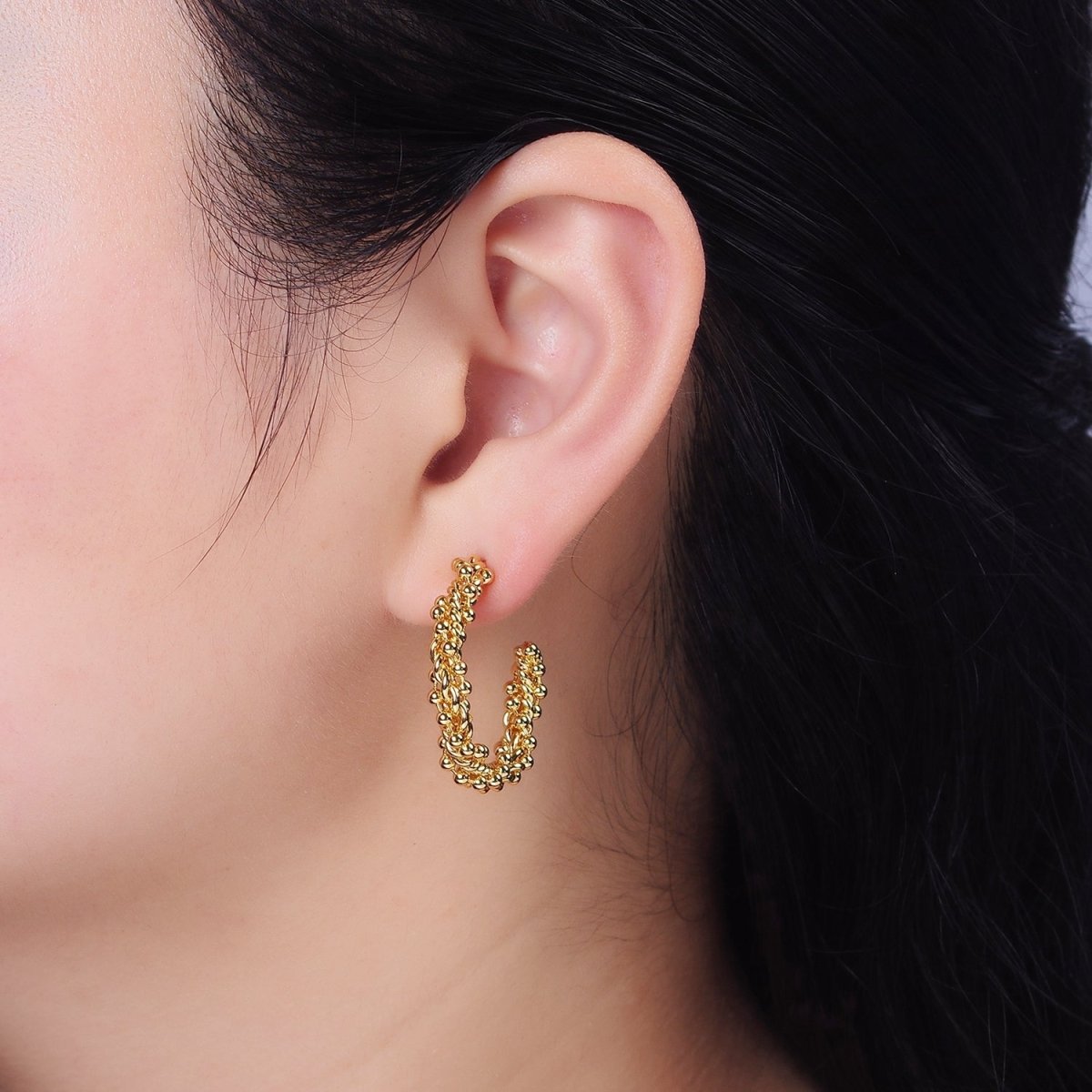 24K Gold Filled 30mm Beaded Bubble Croissant Twist C-Shaped Hoop Earrings | AE616