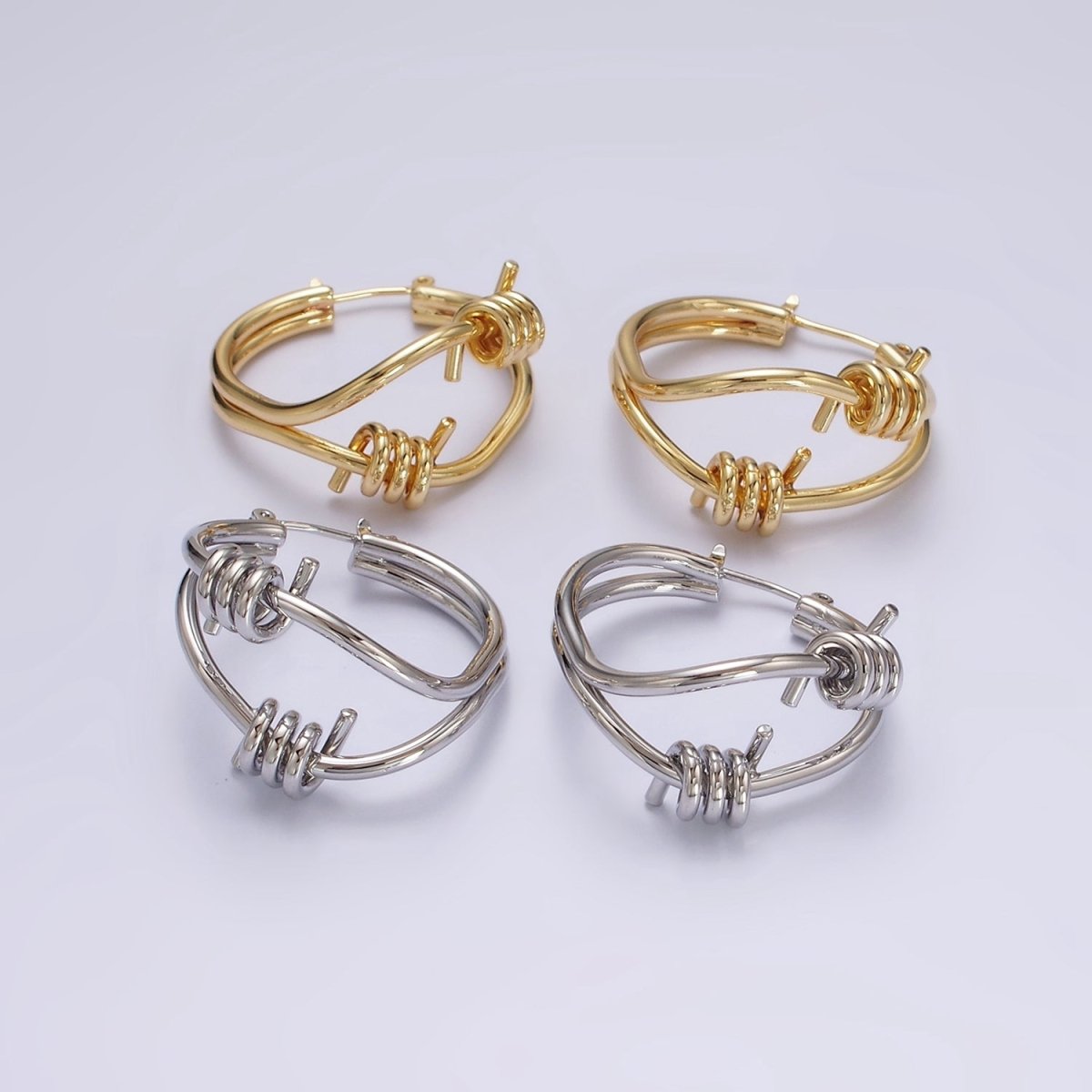 24K Gold Filled 30mm Double Spiral Abstract Band French Lock Latch Hoop Earrings in Gold & Silver | AE090 AE091