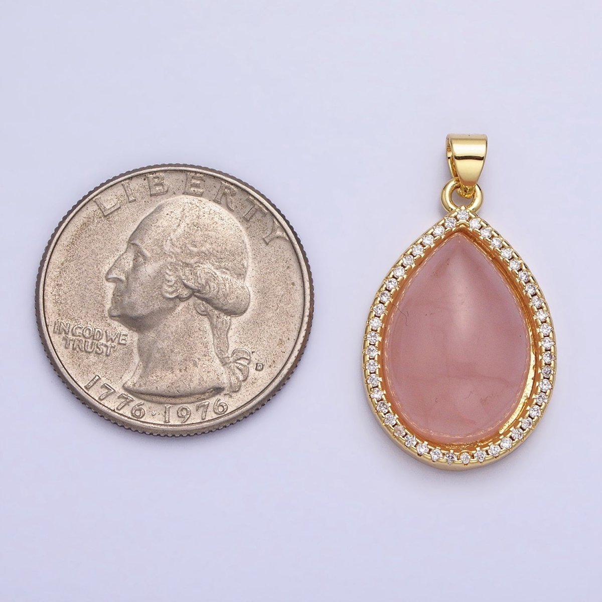 24K Gold Filled 30mm Rose Quartz Natural Gemstone Teardrop Micro Paved CZ Pendant | AA340