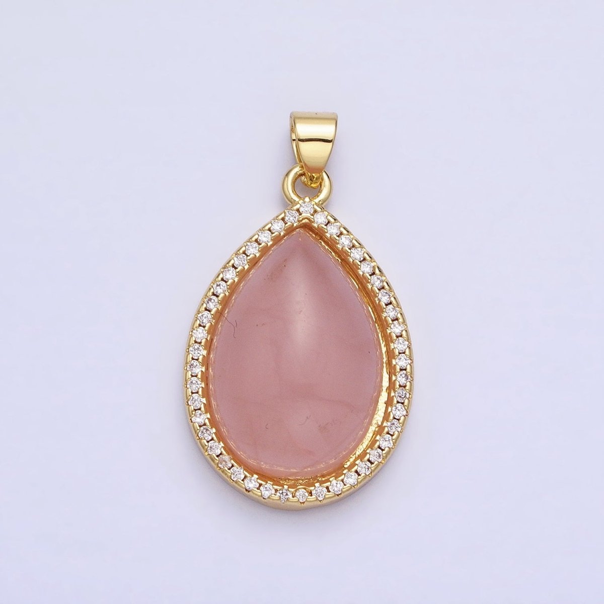 24K Gold Filled 30mm Rose Quartz Natural Gemstone Teardrop Micro Paved CZ Pendant | AA340