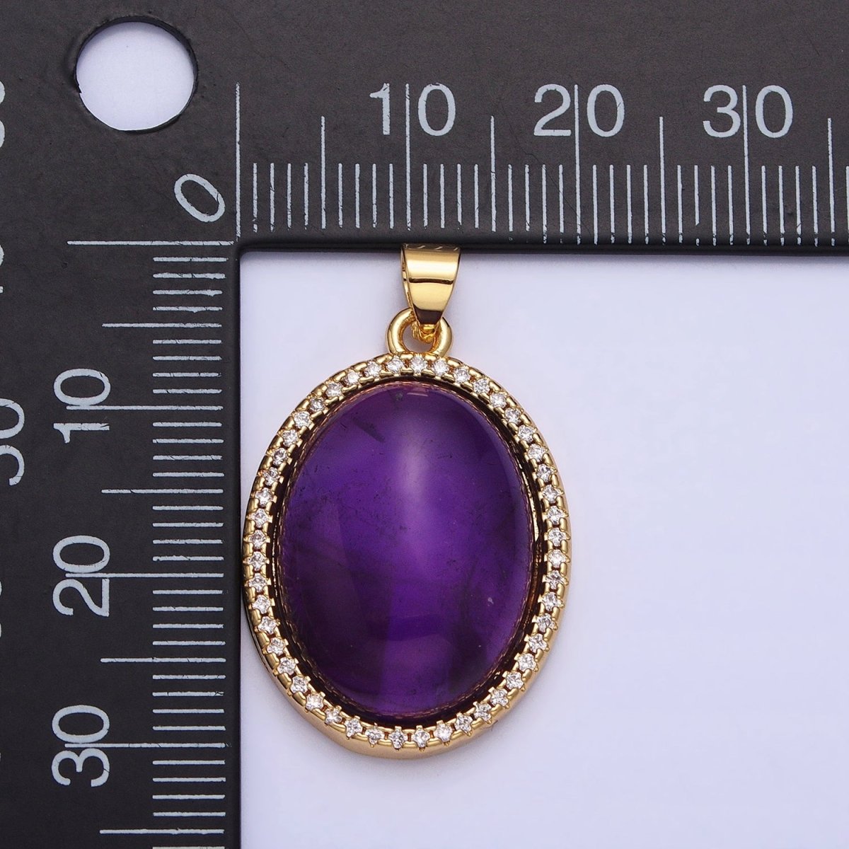24K Gold Filled 31mm Purple Amethyst Natural Gemstone Oval Cabochon Micro Paved CZ Pendant | AA330