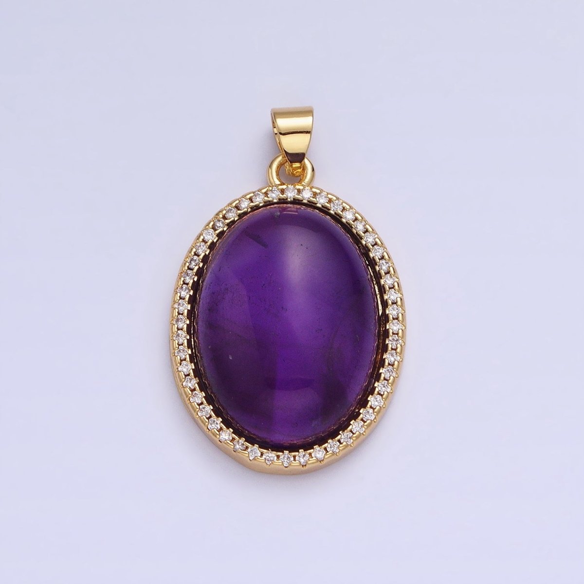 24K Gold Filled 31mm Purple Amethyst Natural Gemstone Oval Cabochon Micro Paved CZ Pendant | AA330