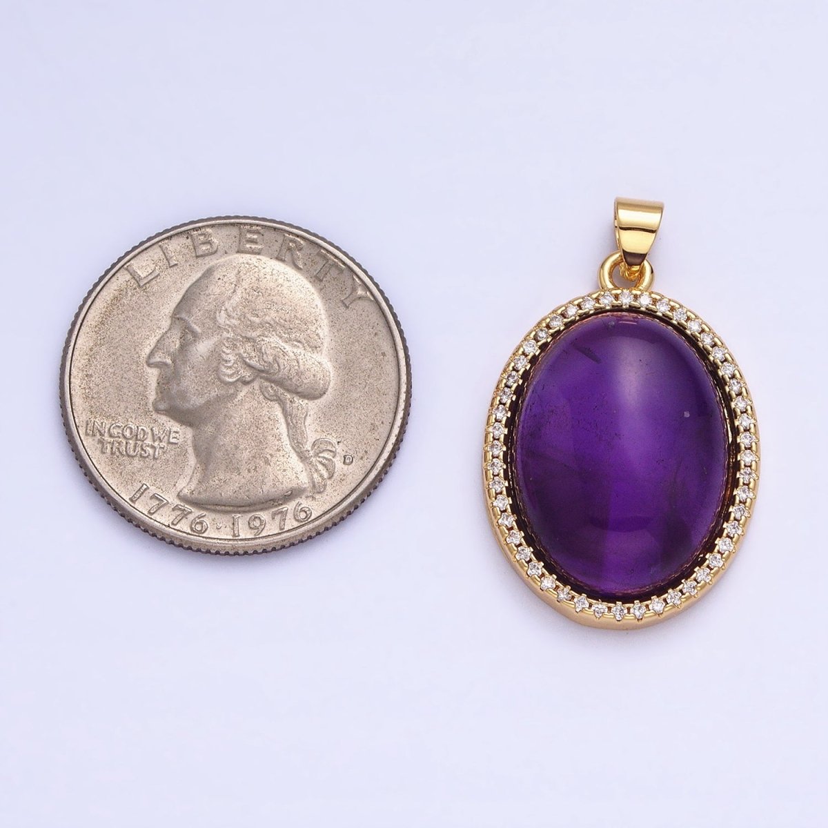 24K Gold Filled 31mm Purple Amethyst Natural Gemstone Oval Cabochon Micro Paved CZ Pendant | AA330