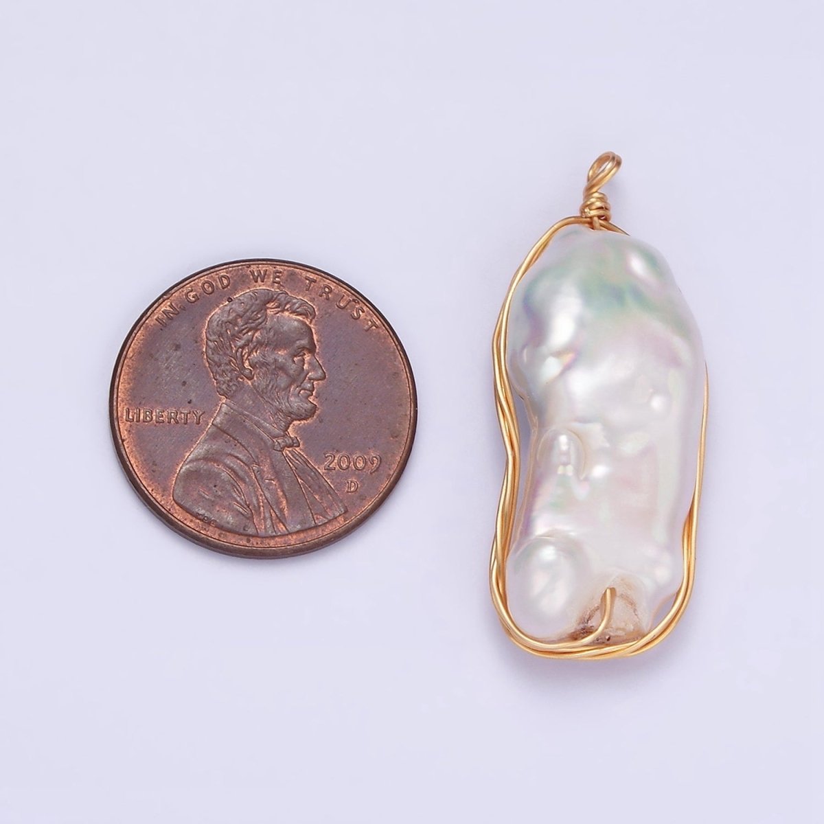 24K Gold Filled 32mm White Baroque Freshwater Pearl Multiple Wire Wrapped Charm | N1042