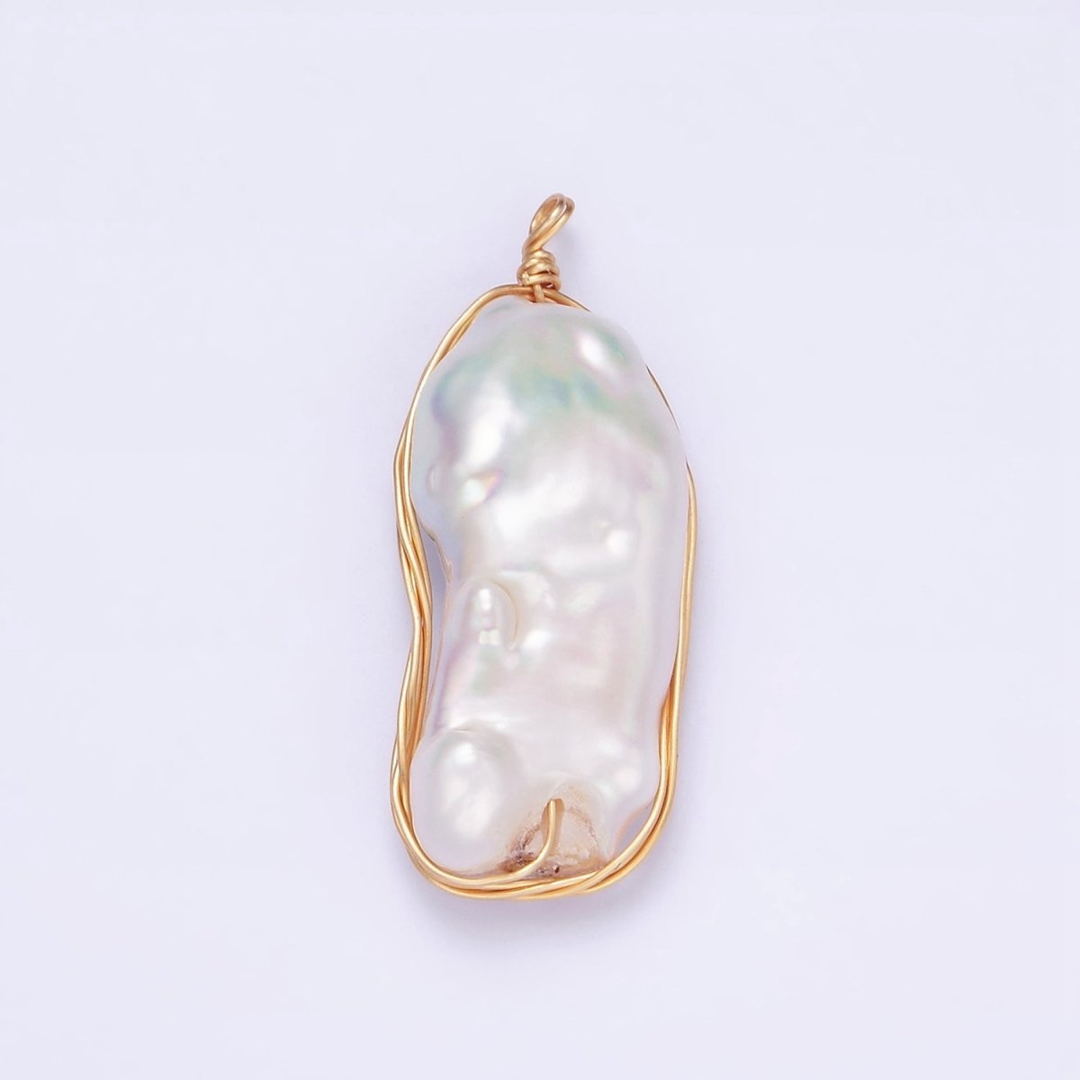 24K Gold Filled 32mm White Baroque Freshwater Pearl Multiple Wire Wrapped Charm | N1042